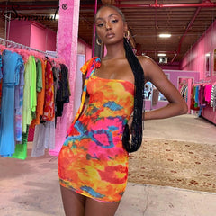 Simenual Sexy Hot Tie Dye Women Bodycon Dress One Shoulder Bandage Fashion Party Mini Dresses Sleeveless 2019 Skinny Print Dress