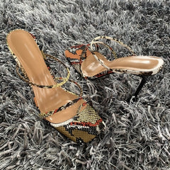 2020 Summer Pumps Sexy snake print Slippers Sandals Shoes Women Thin High Heels Square Toe Sandal Lady Pump Shoes Mules