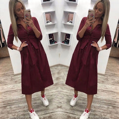 Women Vintage Front Button Sashes Party Dress Three Quarter Sleeve Turn Down Collar Solid Dress 2020 Autumn New Fashion Dress