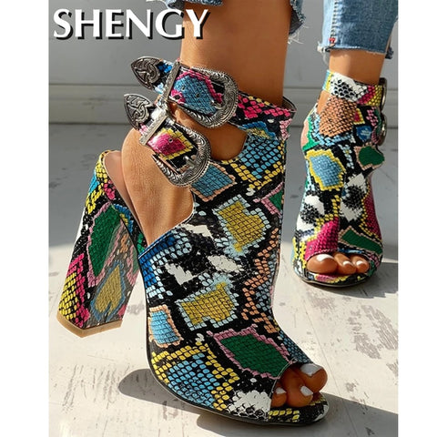 2020 Summer Pumps Sexy snake print Slippers Sandals Shoes Women Thin High Heels Square Toe Sandal Lady Pump Shoes Mules