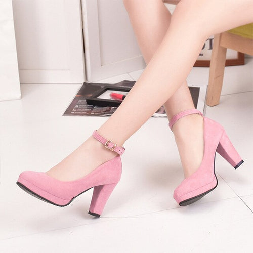 Women Fashion Pumps Sweet Woman Thick High Heels Shoes Female Ankle Strap Flock Platform Mary Jane Ladies Party Footwear 2020