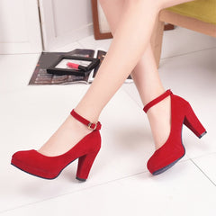 Women Fashion Pumps Sweet Woman Thick High Heels Shoes Female Ankle Strap Flock Platform Mary Jane Ladies Party Footwear 2020